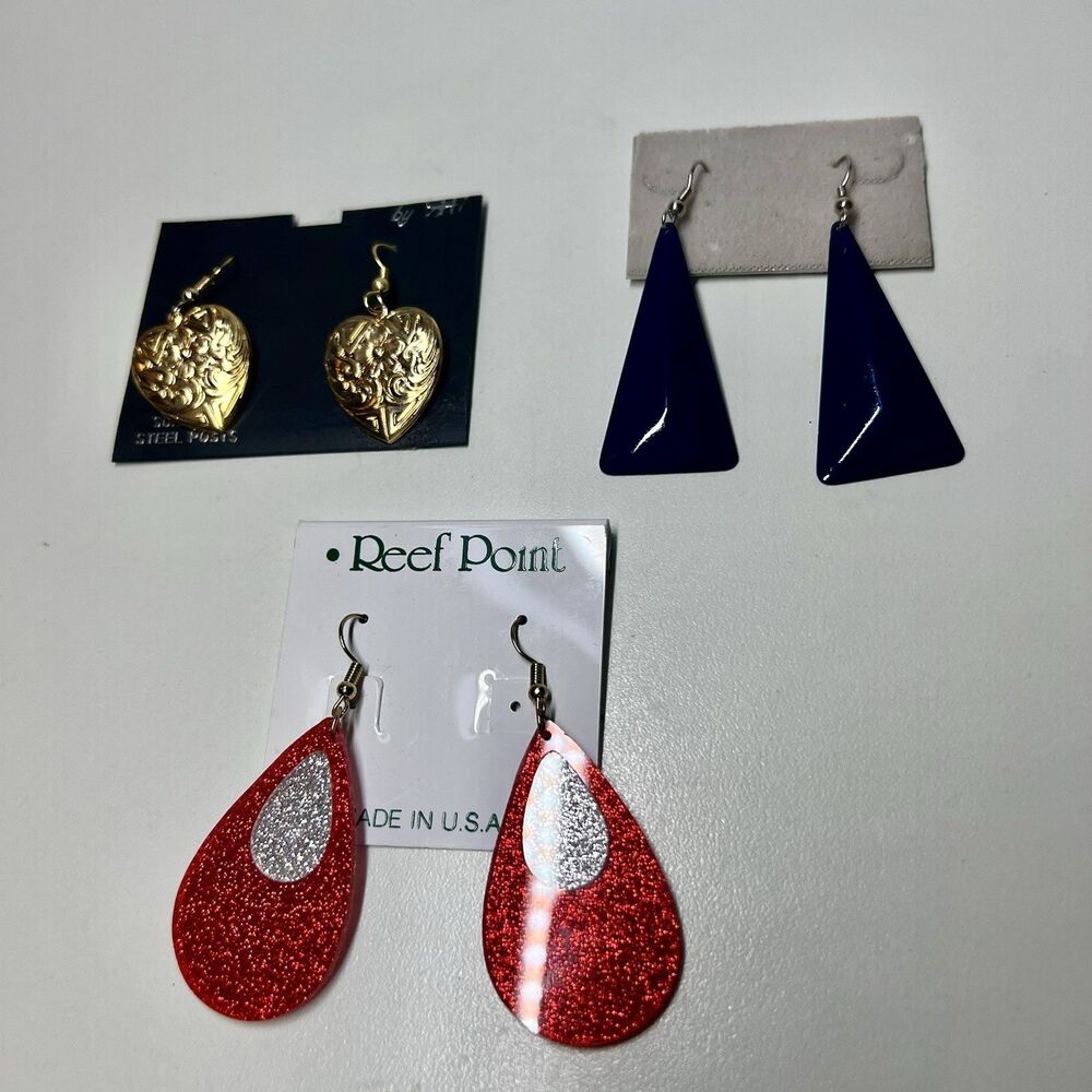 Vintage Costume Earrings Lot 3 Reef Point Red Glitter Heart Navy Triangle Drop